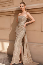 Strapless Grid-Pattern Sequined Gown with Side Slit