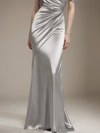 Vestido formal de fiesta de satén plateado, con un solo hombro plisado y largo hasta el suelo