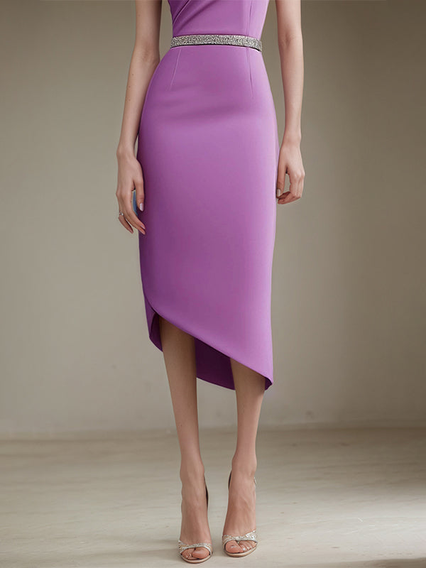 Halbformelles Partykleid mit Rundhalsausschnitt, lila, ärmellos, asymmetrisch