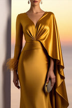 Evening Formal Gold Satin Dress V Neck Long Sleeve Cape Maxi Gown