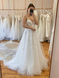 Flower Applique V‑Neck Spaghetti Straps Tulle A‑Line Bridal Gown
