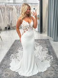 Deep V Neck Sheer Bodice Mermaid Wedding Dress With Lace Embellished Train