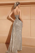 Strapless Grid-Pattern Sequined Gown with Side Slit