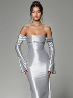 Party Kleid Silber-Grau Schulterfreies Tüll Maxi Kleid