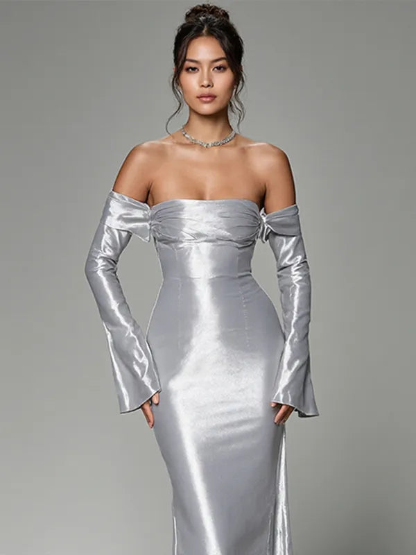 Party Kleid Silber-Grau Schulterfreies Tüll Maxi Kleid