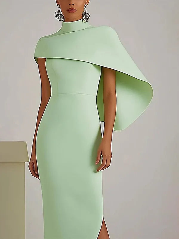 Schickes Party-Kleid Salbeigrün hoher Kragen Cape asymmetrisches Maxikleid