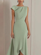 Tägliches Party-Kleid Salbeigrün, Rundhalsausschnitt, asymmetrisches Midikleid