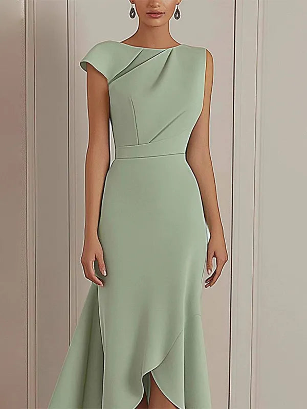 Vestido diario de fiesta verde salvia con cuello redondo y largo midi asimétrico