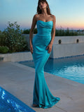 Evening dress water blue strapless off-shoulder tube top mermaid