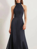 Vestido plisado para diario y fiesta, halter negro sin mangas, largo maxi