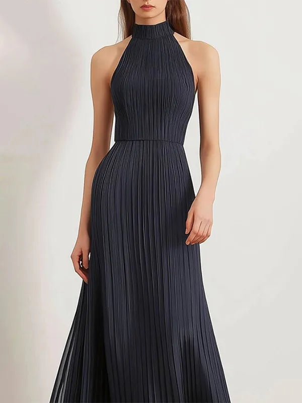 Vestido plisado para diario y fiesta, halter negro sin mangas, largo maxi