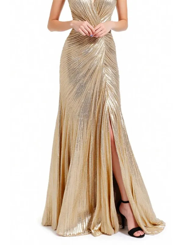 Formal Evening Gold Dress Pleated Sleeveless Metallic V-Neck Slit Floor-Length Dress