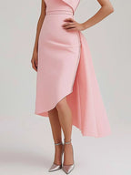 Hochzeitsgast halb-formelles Kleid rosa ärmelloses asymmetrisches Midikleid mit Schleife