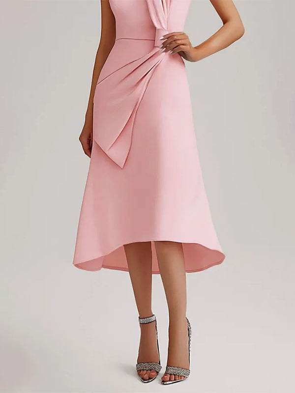 Abito rosa da invitata a matrimonio con scollo rotondo, senza maniche e fiocco, lunghezza midi