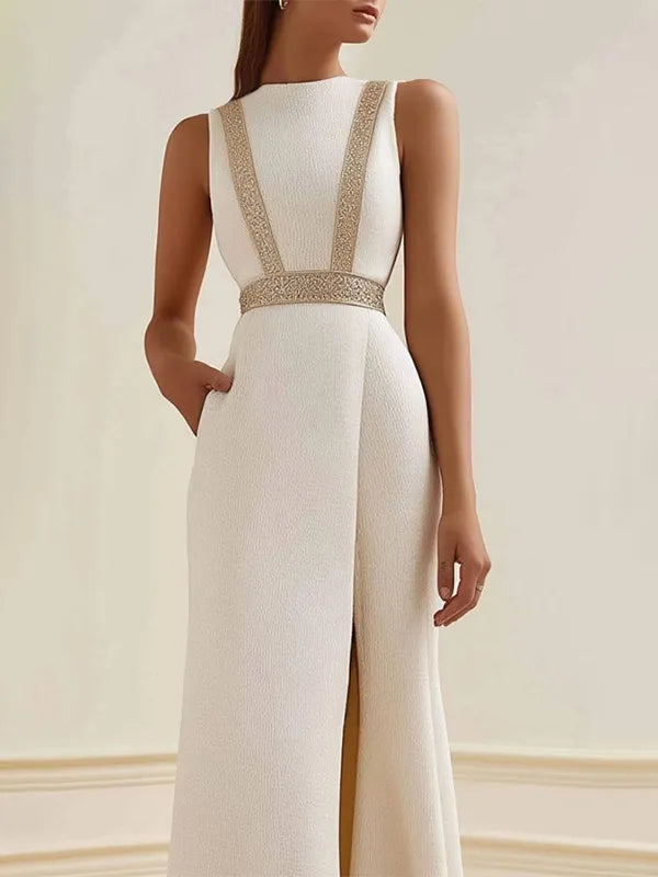 Semi-formelles Partykleid Beige Ärmellos mit Taschen und Seitenschlitz Maxi Kleid