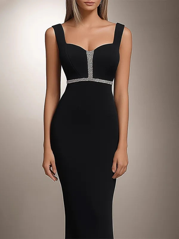 Halbformelles Party-Kleid, schwarzes, silberverziertes, figurbetontes Midikleid