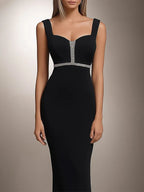 Halbformelles Party-Kleid, schwarzes, silberverziertes, figurbetontes Midikleid