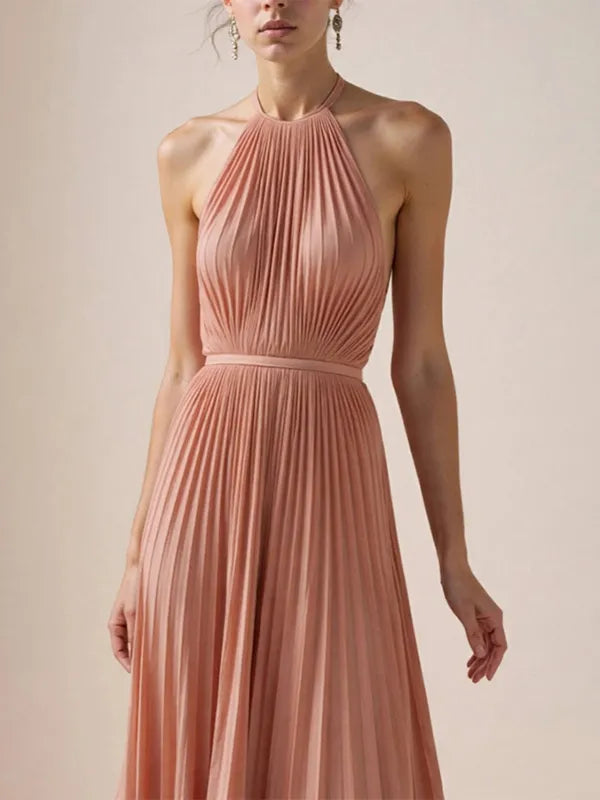 Hochzeitsgast Freizeitkleid Hellrosa Neckholder Falten Maxi Kleid