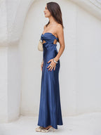 Royal Blue Satin Sweetheart Neckline Sleeveless Open Back Ankle Length Sheath Dress