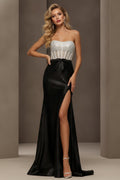 Strapless Corset Evening Gown with Bow Detail and High Slit