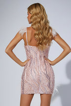 V-Neck Sequined Mini Dress with Feather Straps and Flower Details