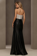 Strapless Corset Evening Gown with Bow Detail and High Slit