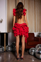 Sleeveless Ruffled Asymmetric Hem Open Back Mini Party Dress