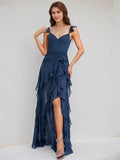 Vestido longo de madrinha azul marinho em chiffon A-line com decote em V, sem mangas e babados em cascata