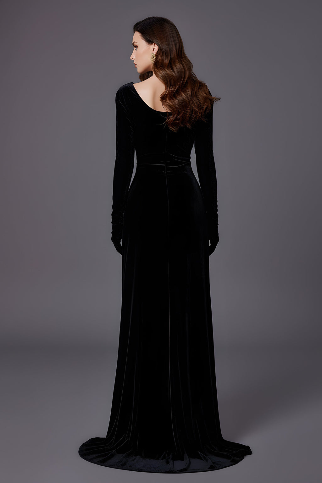 Elegant Velvet Long Sleeve Floor Length Evening Gown With Slit