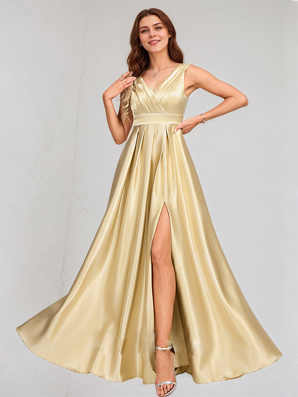A Line Champagne Satin V Neck Sleeveless Floor Length Dress With High Slit