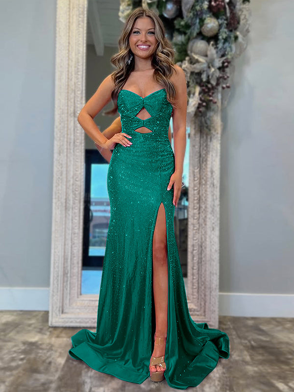 Robe de bal sirène jaune clair bustier avec découpes et perles