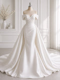 Luxury Satin Off Shoulder Fitted Mermaid Wedding Dress With A-Line Overskirt