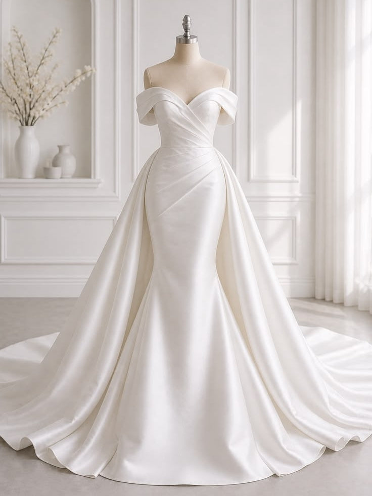 Luxury Satin Off Shoulder Fitted Mermaid Wedding Dress With A-Line Overskirt