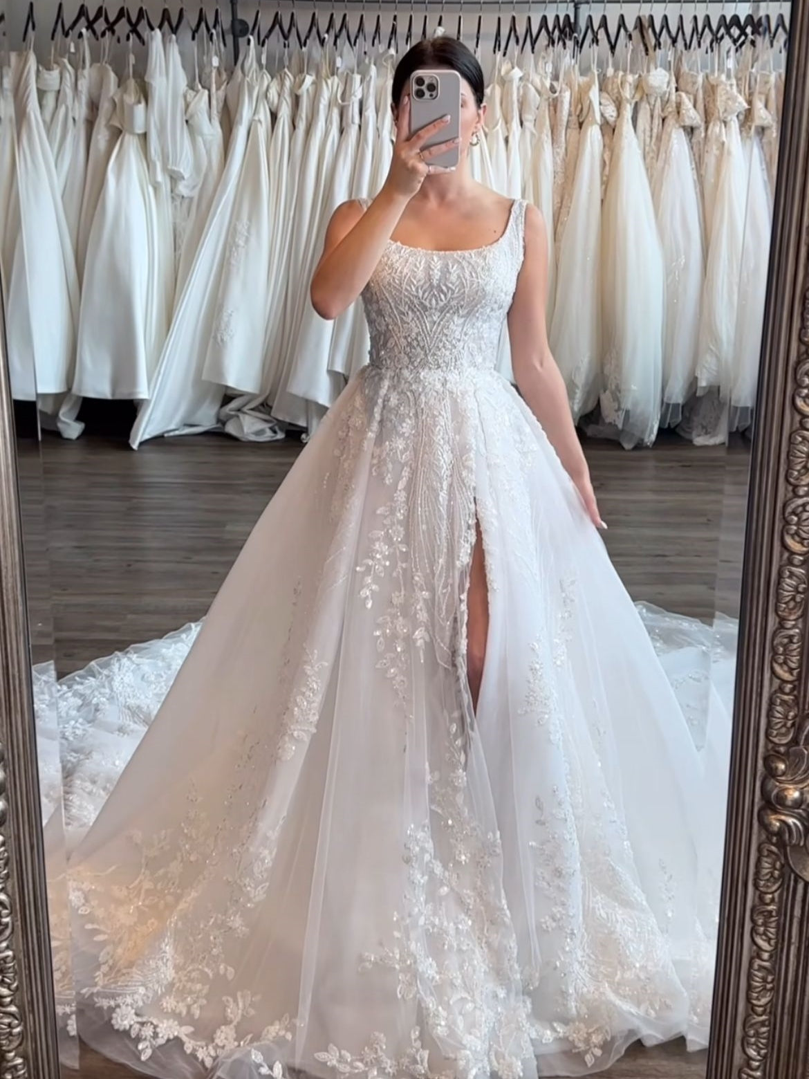 Elegant Beaded Square Neckline High Slit A-Line Wedding Dress