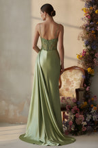 Spaghetti Strap Sequin Corset Evening Gown with High Slit