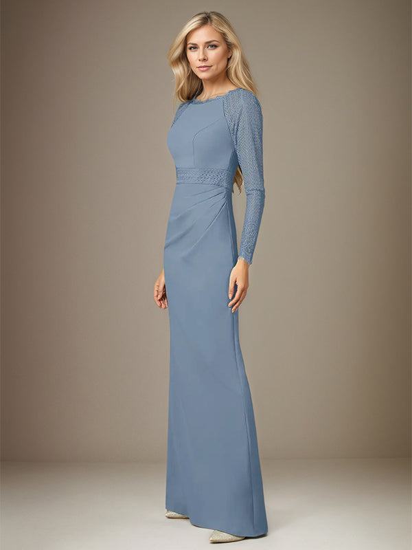 Dusty Blue Stretch Crepe Boat Neck Long Sleeves Floor Length Dress