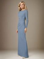 Dusty Blue Stretch Crepe Boat Neck Long Sleeves Floor Length Dress