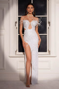 Feather Embellished Sequin Evening Gown With High Slit