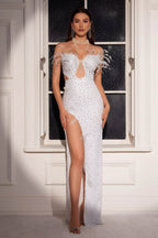 Feather Embellished Sequin Evening Gown With High Slit
