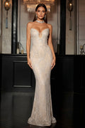 Elegant Strapless Beaded Art Deco Mermaid Evening Gown