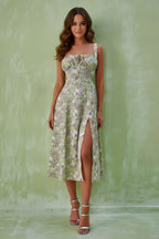 Charming Floral Print Lace-Up Slit A-Line Midi Dress