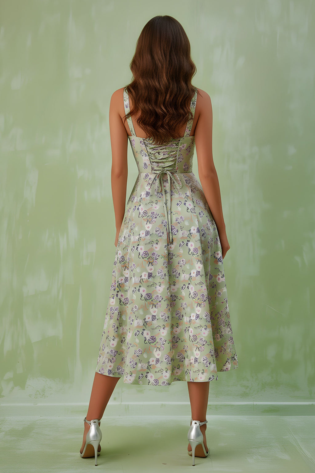 Charming Floral Print Lace-Up Slit A-Line Midi Dress