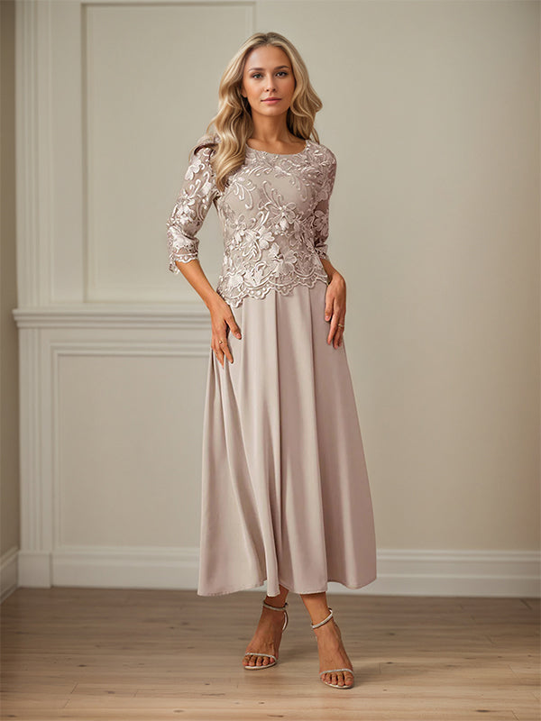 Robe mère de la mariée maxi en dentelle froncée ligne A col rond à volants