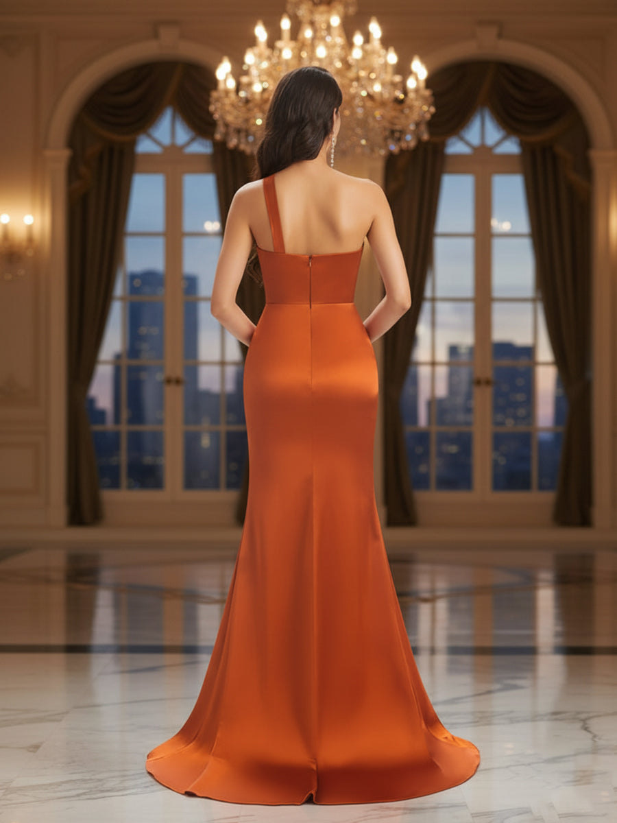 Satin Ein-Schulter langes Maxi Meerjungfrau-Brautjungfernkleid