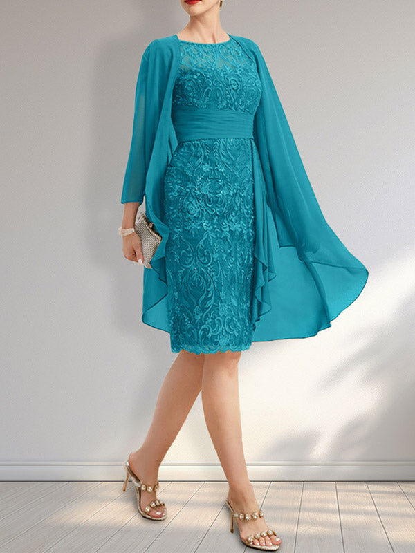Etui Rundhals Illusions-Knie-lang Spitzen-Chiffon Brautmutterkleid mit Kaskaden-Rüschen und Pailletten