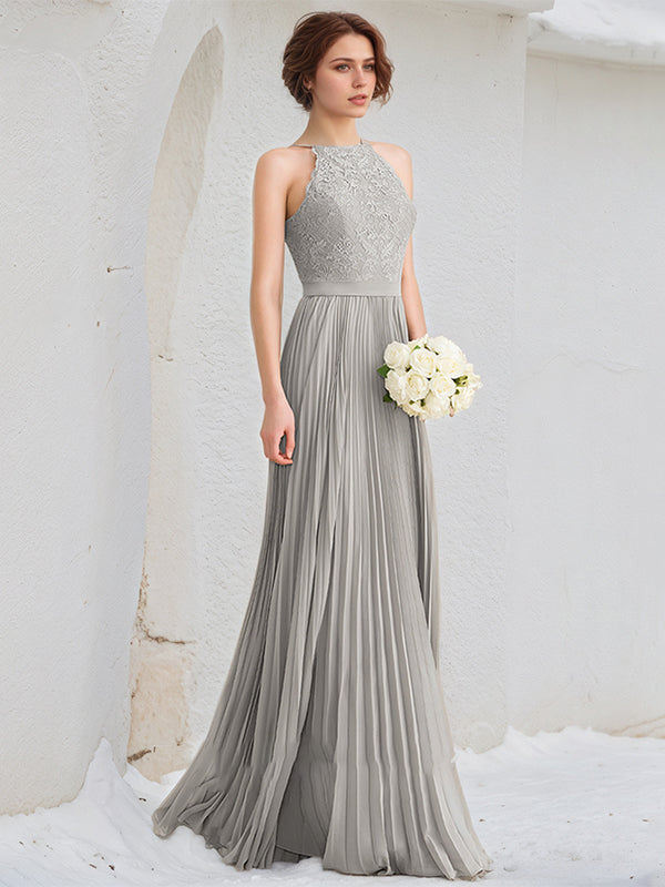 Silbernes A-Linien U-Ausschnitt bodenlanges Spitzen Chiffon Kleid mit Falten