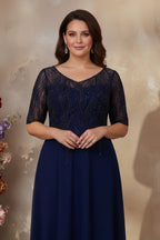 Elegant V-Neck Half Sleeve Evening Gown with Beaded Bodice