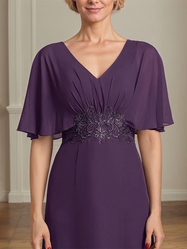 Vestido de madre de la novia largo de gasa en línea A con escote en V, apliques y plisados