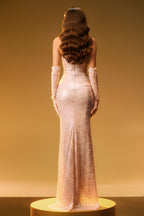 Strapless Sequin Corset High Slit Evening Gown with Gloves