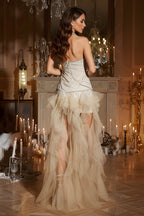 Rhinestone Draped Halter High-Low Ruffled Tulle Dress